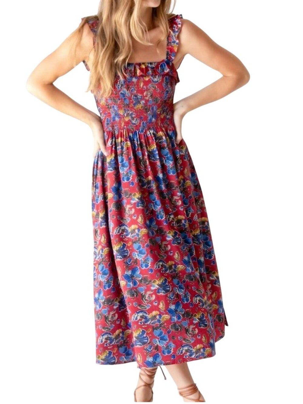 Natural Life Meghan Smocked Midi Dress Size L Burgundy Blue